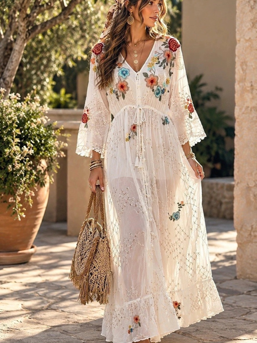 JOHNNY WAS Embroidered Floral Sheer Bohemian Maxi Dress Bell Sleeve, Size Large